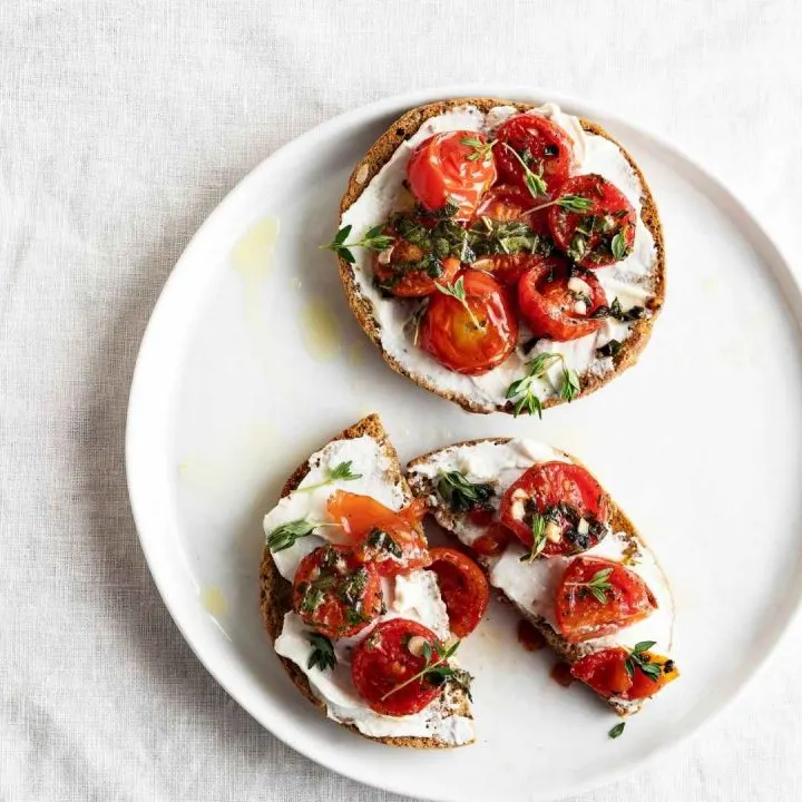 goat cheese crostini with roasted tomatoes and fresh herbs