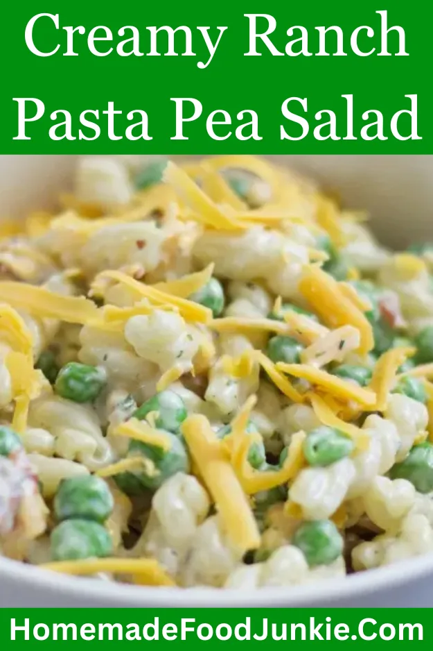 creamy ranch pasta pea salad in a bowl