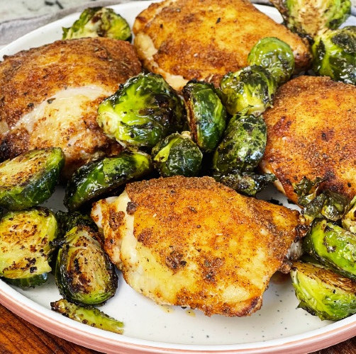 air fryer baked chicken thighs with roasted Brussel sprouts