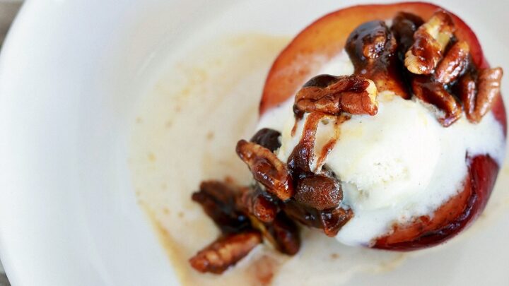 Candied Pecans Fried Peach Dessert 4 Candied Pecans And Ice Cream Over Fried Peach Dessert