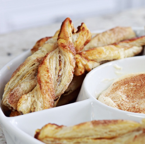 baked pumpkin pie twists in white serving dish