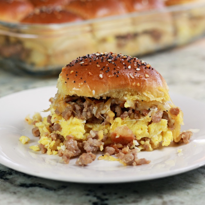 breakfast sliders with eggs sausage and bacon