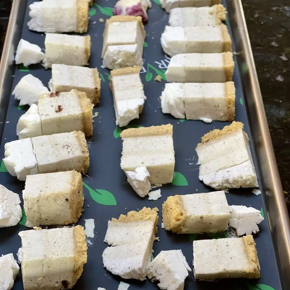 Freeze Drying Food Safety: How to Preserve Food Safely at Home 13 freeze dried food storage-cheesecake pieces on a freeze dryer tray