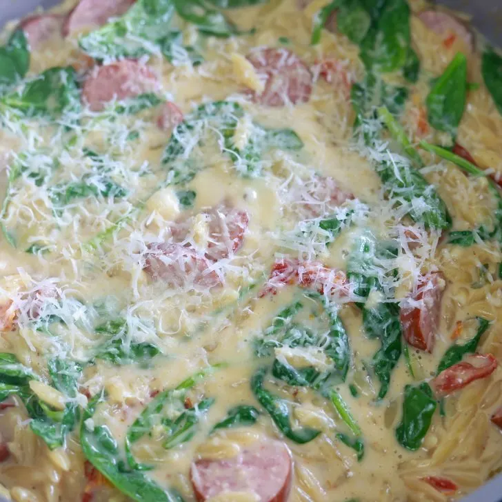 turkey sausage orzo skillet dinner in our place skillet