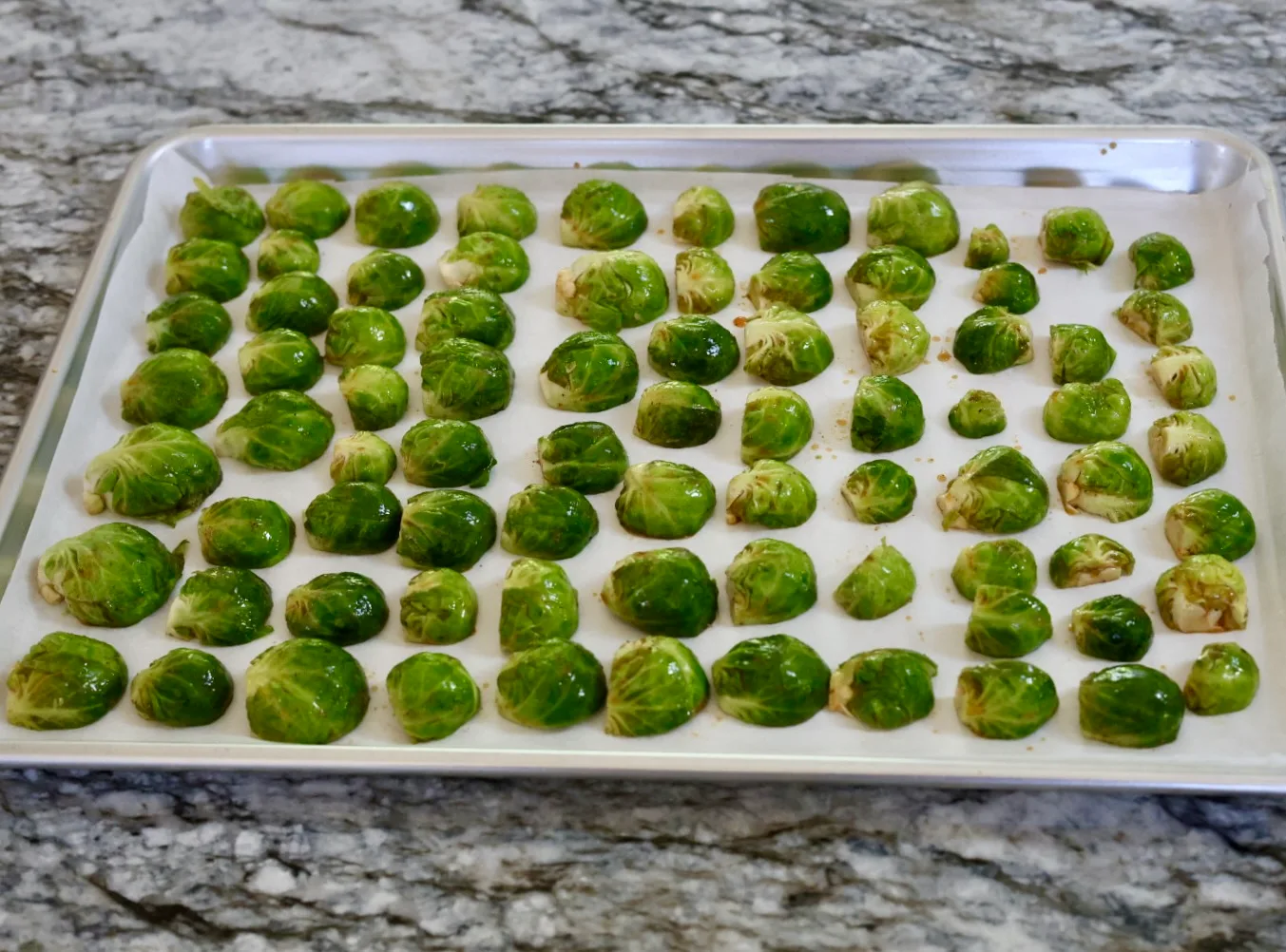 Cut Maple Roasted Brussel Sprouts And Place On Parchment