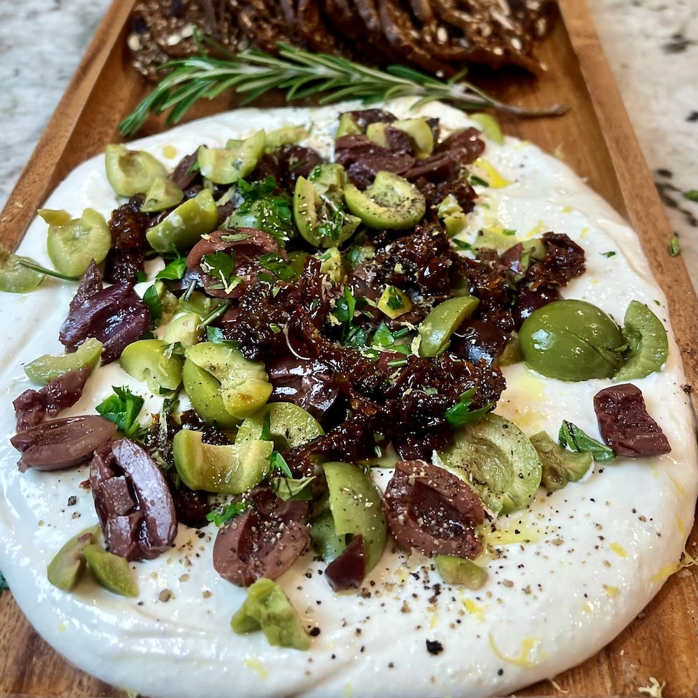 Finger Food Appetizers for Parties, Holidays, and Game Day 3 mediterranean whipped feta appetizer with sun dried tomatoes and olives