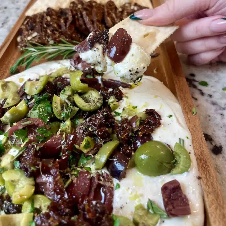 Mediterranean whipped Feta with sun dried tomatoes and olives