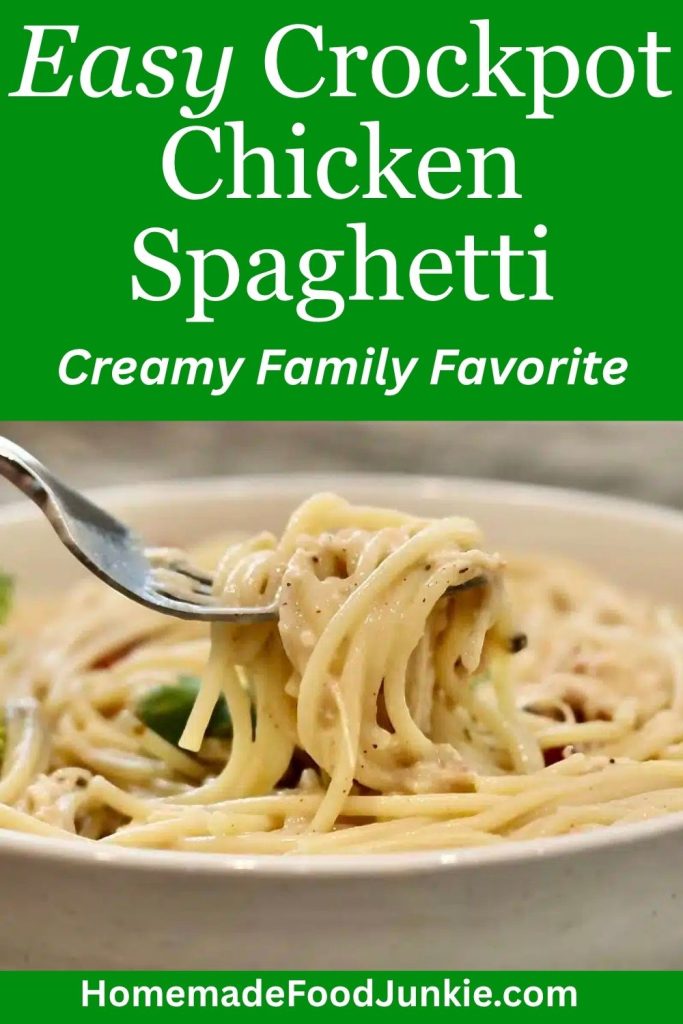 Easy Creamy Crockpot Chicken Spaghetti 11 crockpot Chicken Spaghetti pin image