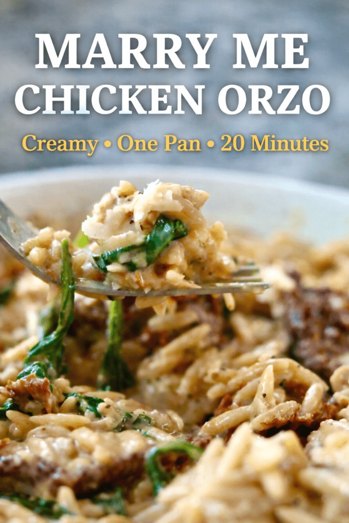 Marry Me Chicken Orzo Skillet Dinner 6 This Marry Me Chicken Orzo is a rich, creamy one-pan dinner made with tender chicken, sun-dried tomatoes, parmesan, and spinach. Ready in just 20 minutes, this easy chicken orzo recipe is perfect for busy weeknights and cozy comfort food cravings.
