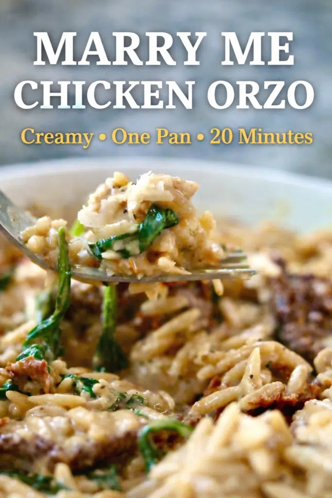 Marry Me Chicken Orzo Skillet Dinner 6 This Marry Me Chicken Orzo is a rich, creamy one-pan dinner made with tender chicken, sun-dried tomatoes, parmesan, and spinach. Ready in just 20 minutes, this easy chicken orzo recipe is perfect for busy weeknights and cozy comfort food cravings.
