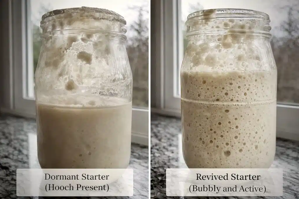 How to Revive Sourdough Starter (And When to Throw It Away) 2 How to Revive Sourdough Starter. a hungry starter with hooch next to a fully fed starter.