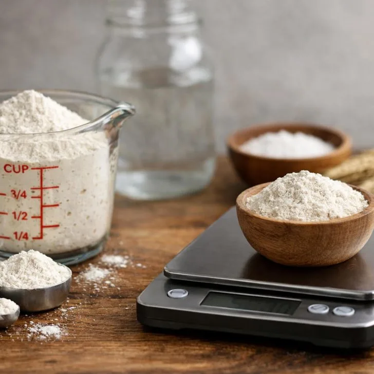 measure sourdough ingredients by weight. pictured are a digital scale weighing flour and a volume measuring cup with flour