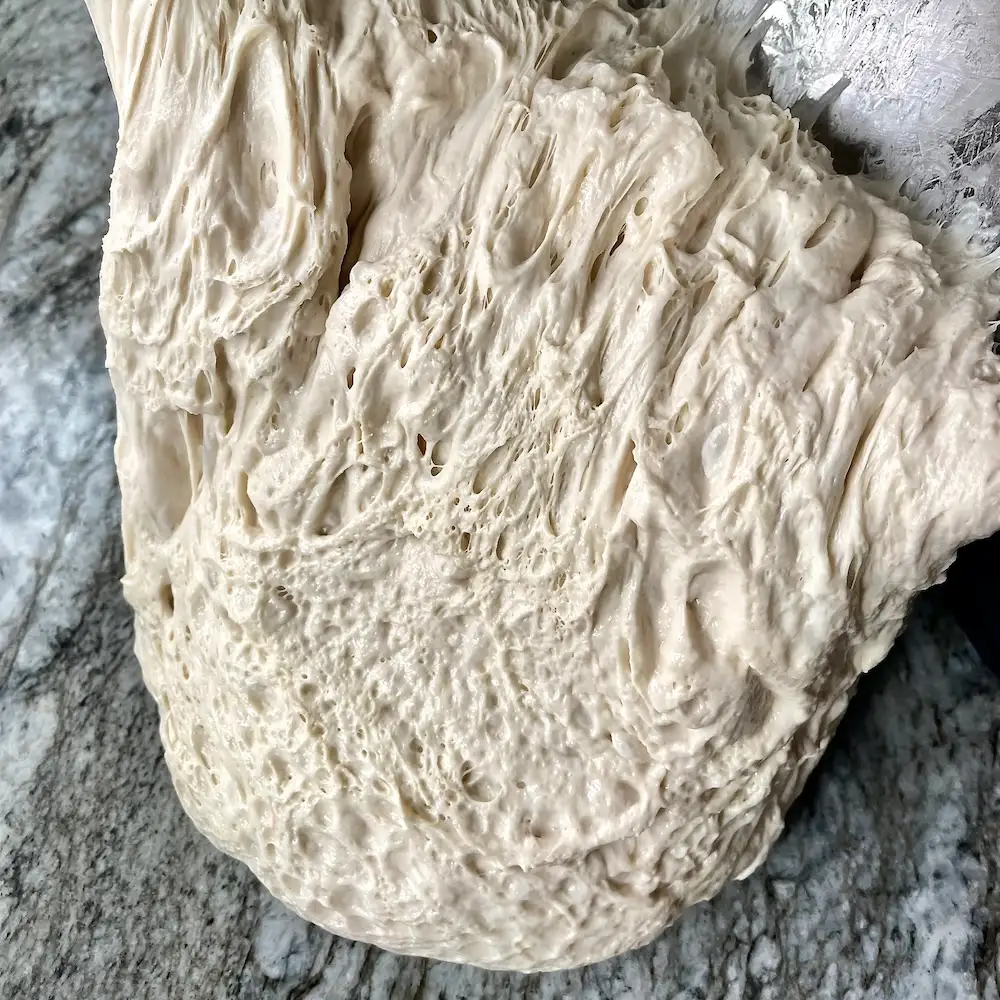 How to Proof Sourdough Bread: Timing, Temperature, and Signs of Under/Overproofing 5 Sourdough dough showing webby gluten and bubbles—signs of fermentation and structure during bulk