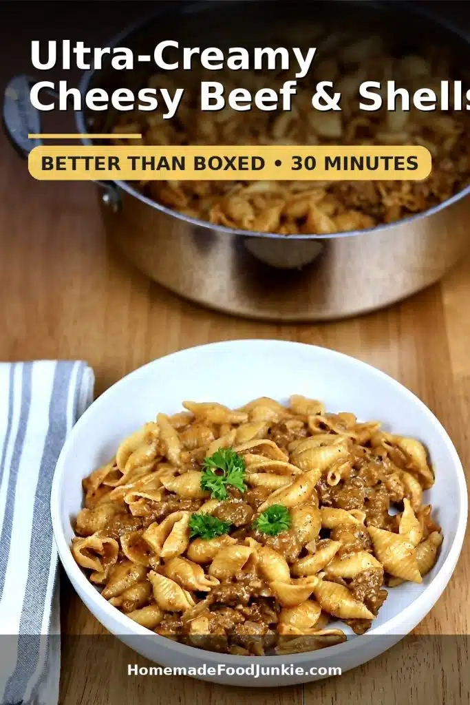 cheesy Beef and Shells Recipe Pin Image in a bowl.