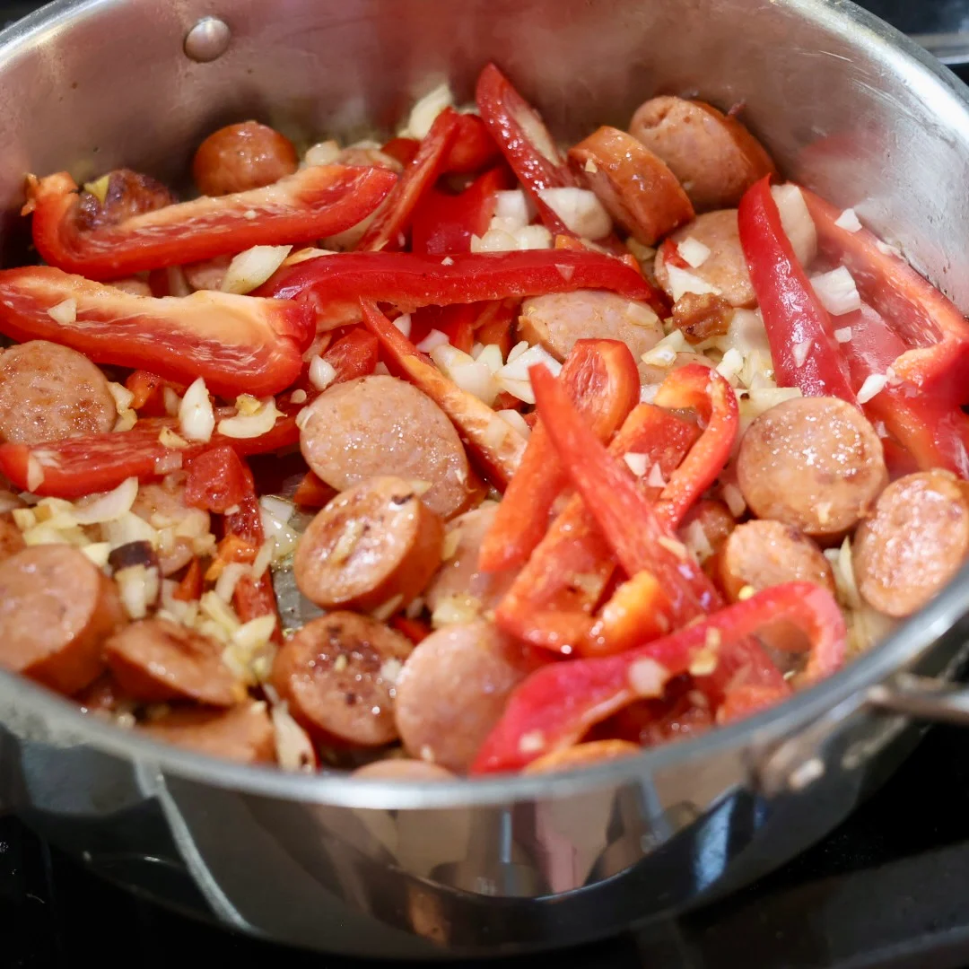 Creamy Cajun Sausage Rice Skillet Meal 8 browning the sausage and vegetables
