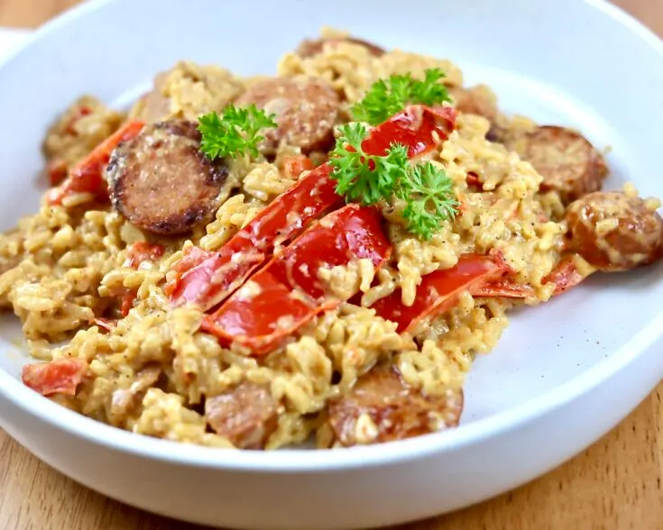 creamy cajun sausage skillet dinner close up