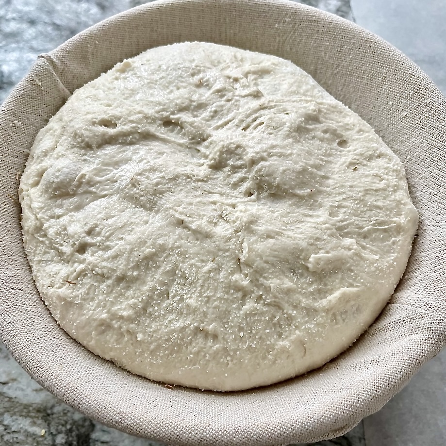 Sourdough Mixing Methods: How Bakers Develop Dough Strength and Structure 10 Proofed sourdough dough in a banneton ready for final proof and baking