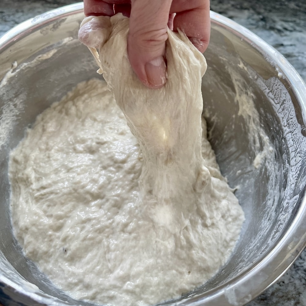 85% hydration dough. Very loose structure at 1st stretch. cannot coil yet.