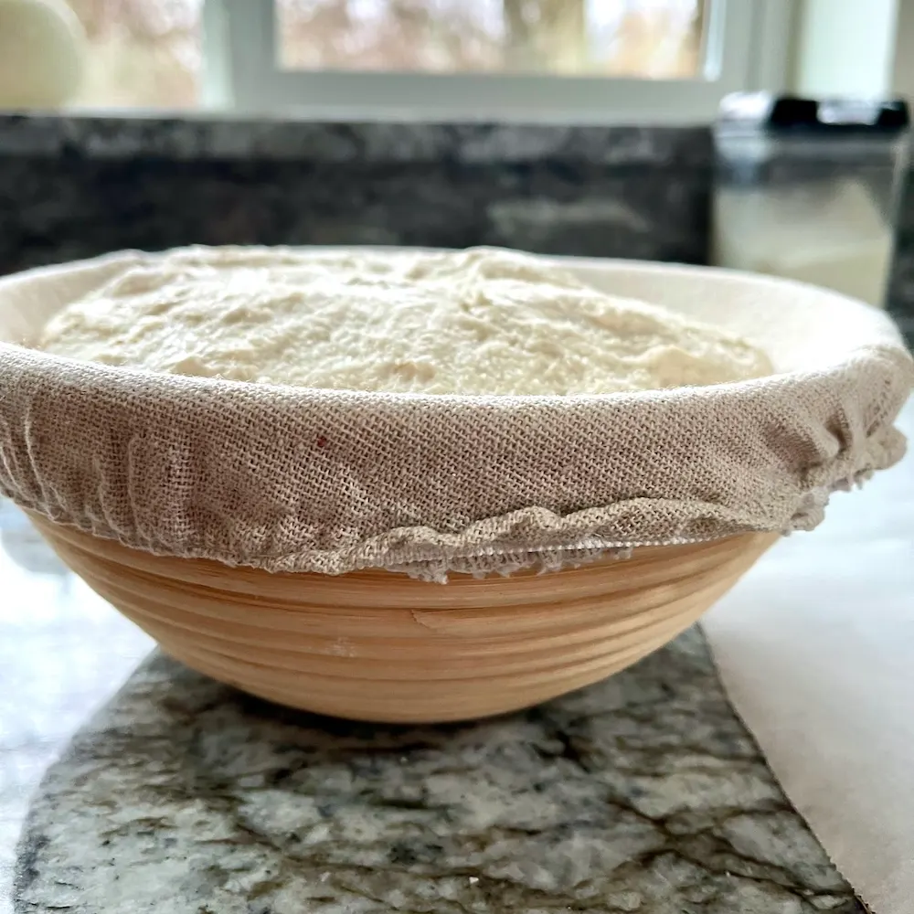 How to Proof Sourdough Bread: Timing, Temperature, and Signs of Under/Overproofing 6 Sourdough dough in a banneton during final proof, looking plump and risen