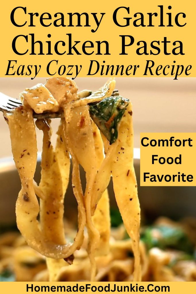 Creamy Garlic Chicken Pasta-Easy One Pan Weeknight Dinner 14 creamy garlic chicken pasta pin image yellow background