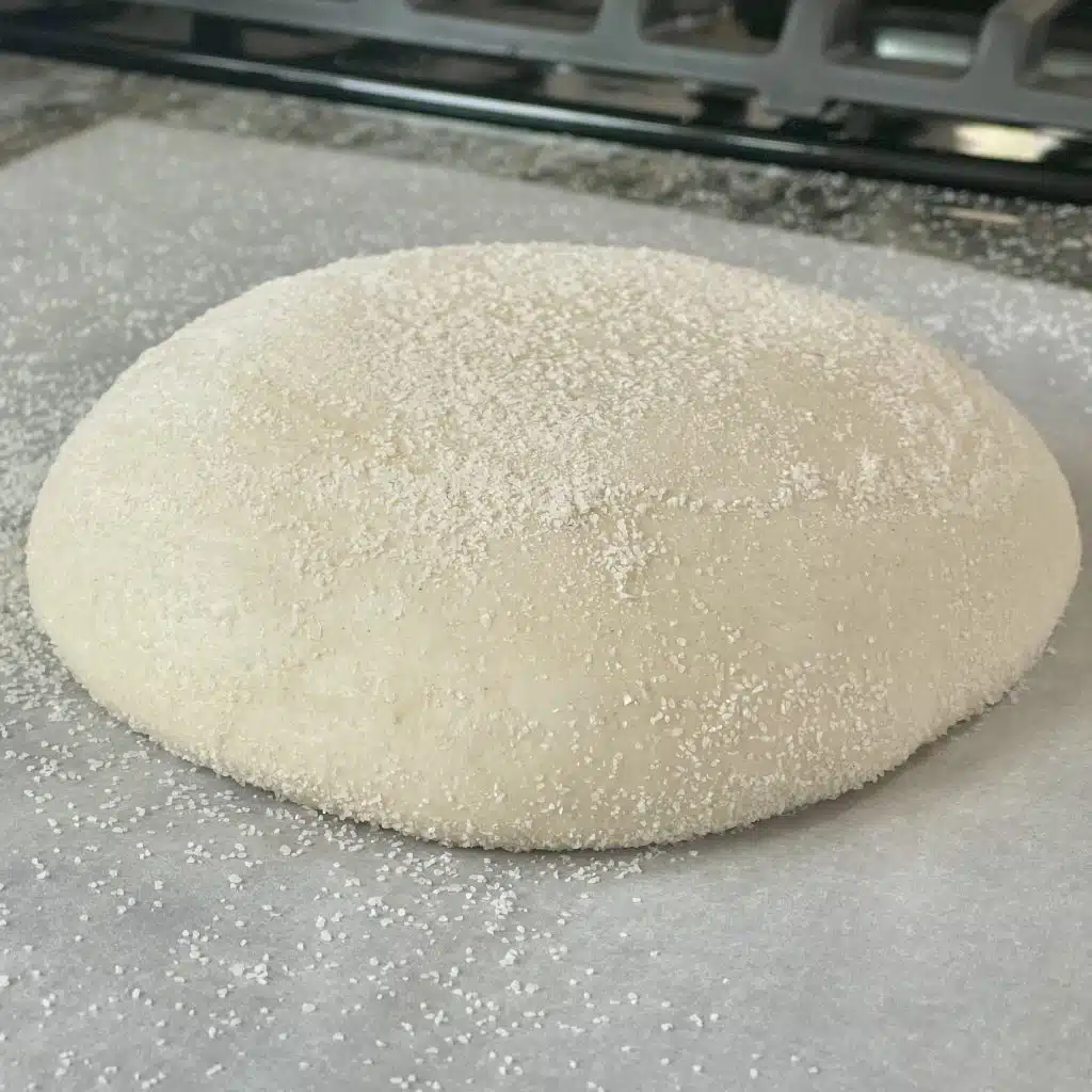 long bulk rise dough ready to score and bake