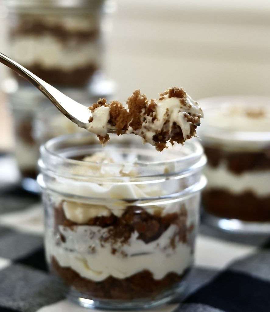 Carrot Cake Trifle Jars (Easy Mason Jar Dessert for Spring & Potlucks) 4 carrot cake trifle jars with fork close up