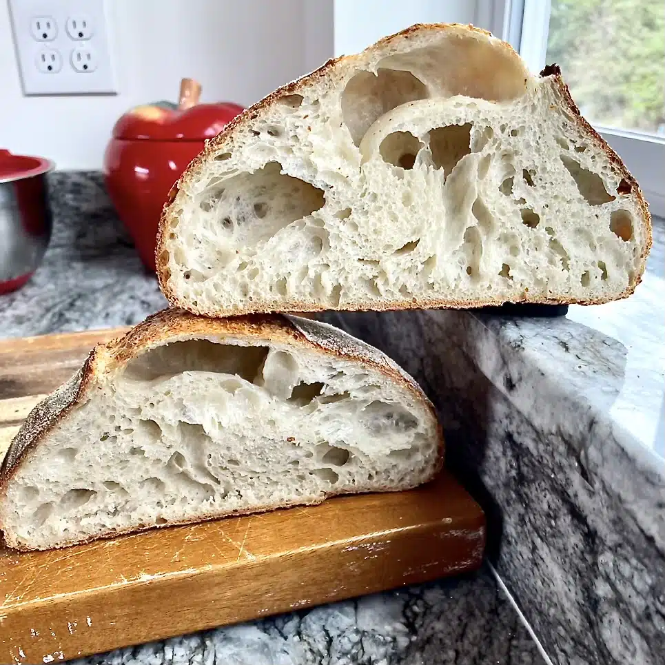crispy crusted sourdough with large irregular holes in crumb