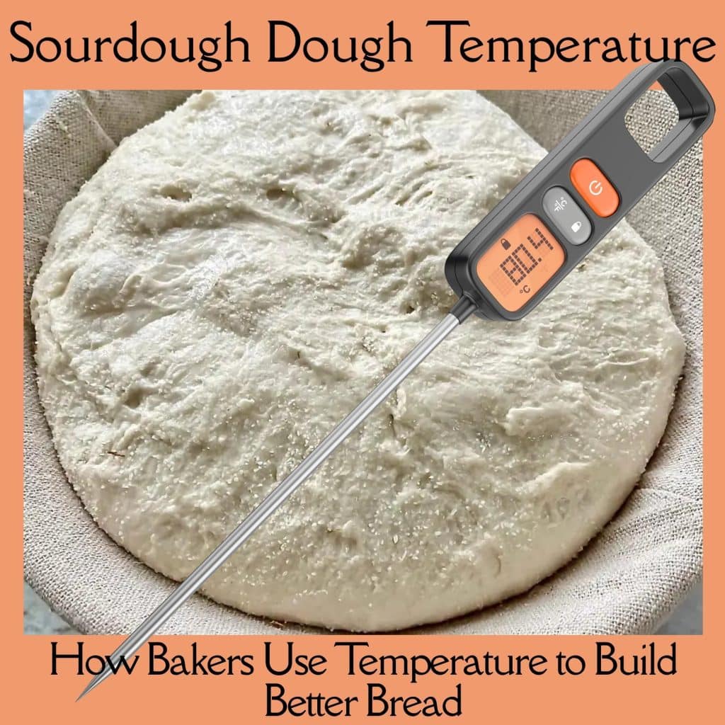 Sourdough Dough Temperature: How Bakers Use Temperature to Build Better Bread 1 Sourdough Dough Temperature showing post title with a banneton of proofed dough and a thermometer