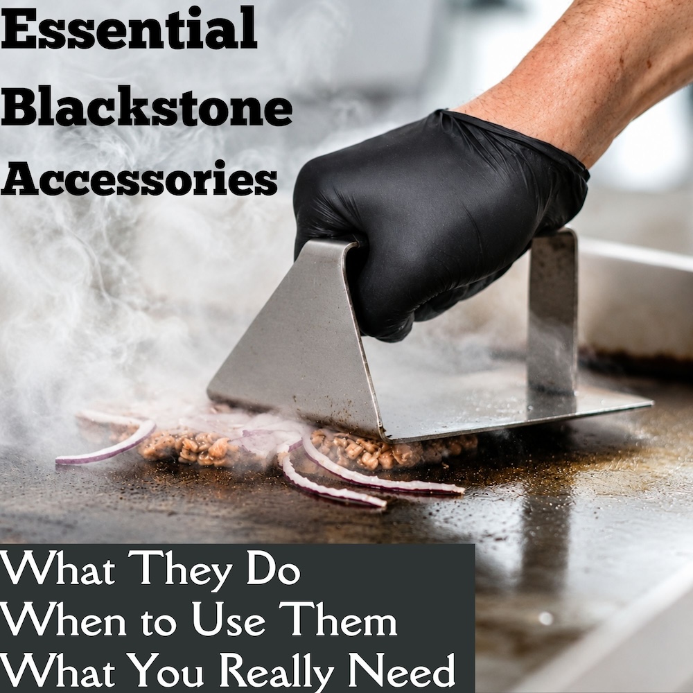Essential Blackstone Accessories: What They Do, When to Use Them, and Which Ones You Really Need 1 Blackstone Accessories featured image with a hand in a black glove using a grill press to make smash burgers on a blackstone griddle