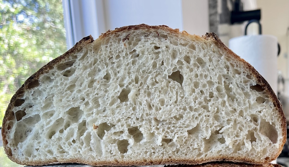 Bassinage in Sourdough Bread: Why Bakers Add Water Later 7 bassinage loaf crumb shot. overall a well structured evenly open crumb with a few larger holes.