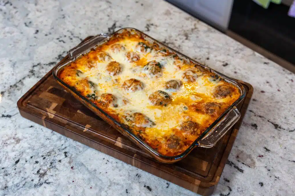 Dump and Bake Lasagna Dinner 3 wide shot of pan of dump and bake lasagna