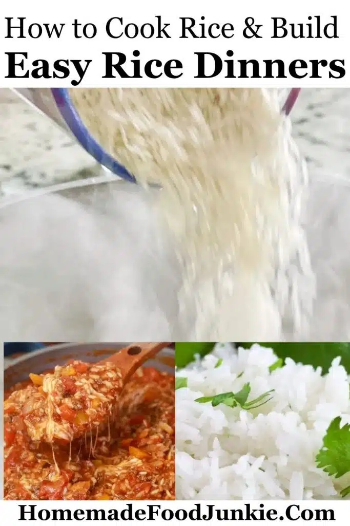 How to Cook Rice and Build Easy Rice Dinners 11 rice pouring into boiling water and on the bottom of the picture are two insets. one is cooked rice . The other is unstuffed peppers dinner. Pin Image